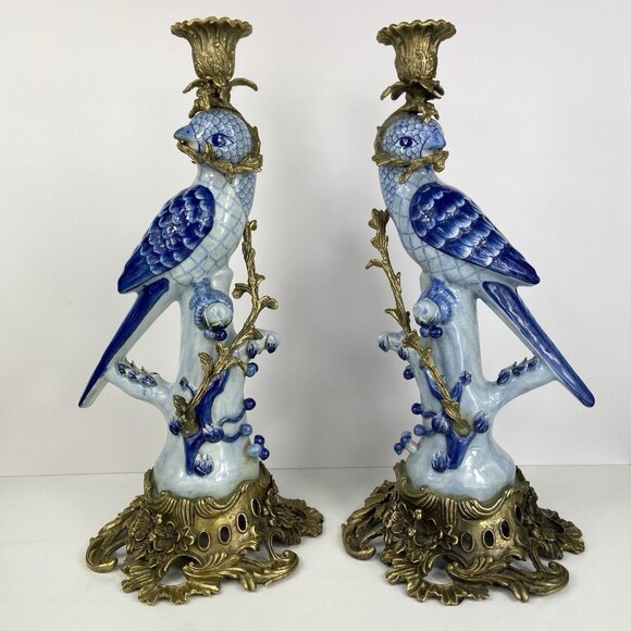 Pair of Vtg Porcelain & Brass ? Ormolu 14” Candlestick Holders Blue Bird Parrot - Picture 1 of 15